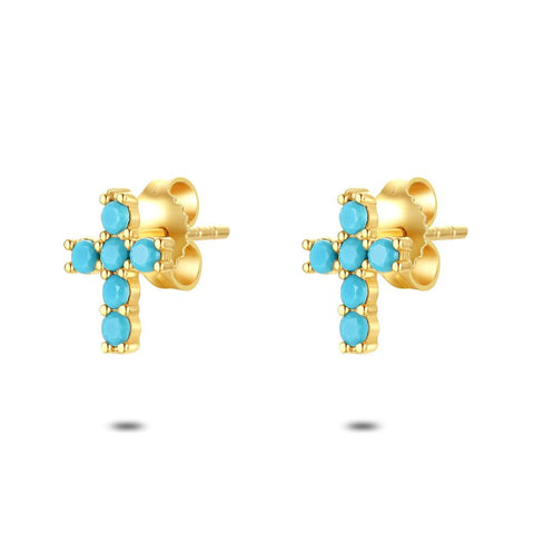 18Ct Gold Plated Silver Earrings, Cross, 6 Turquoise Zirconias