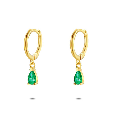 18Ct Gold Plated Silver Earrings, Earring, Drop In Green Zirconia