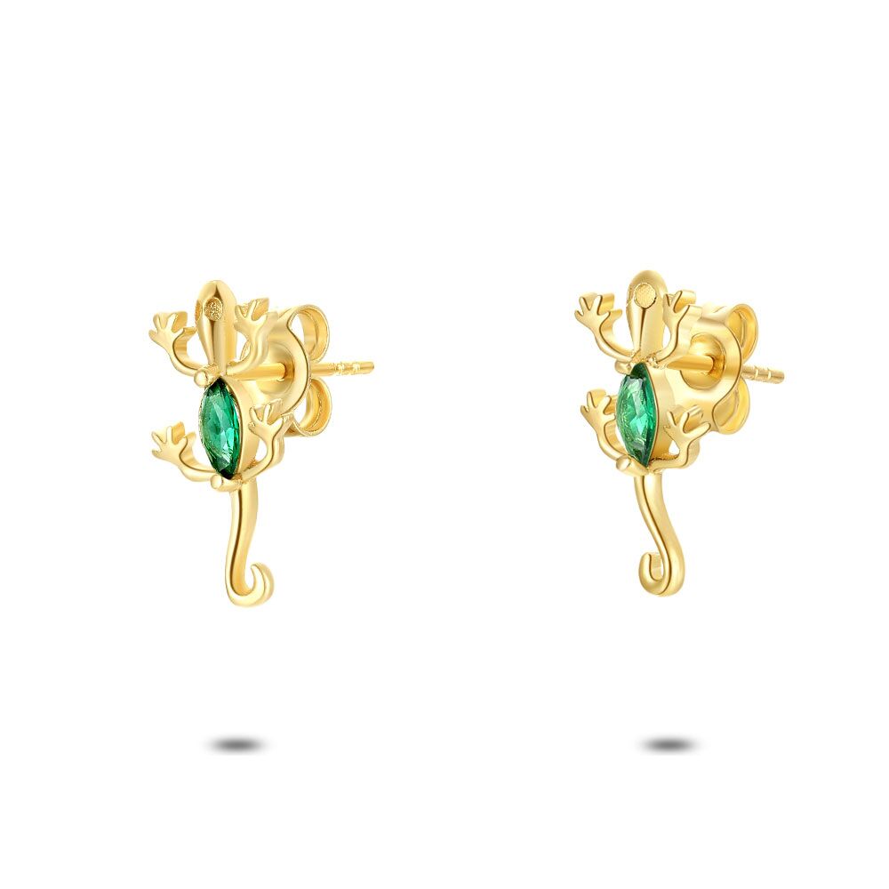 18Ct Gold Plated Silver Earrings, Gecko, Green Zirconia