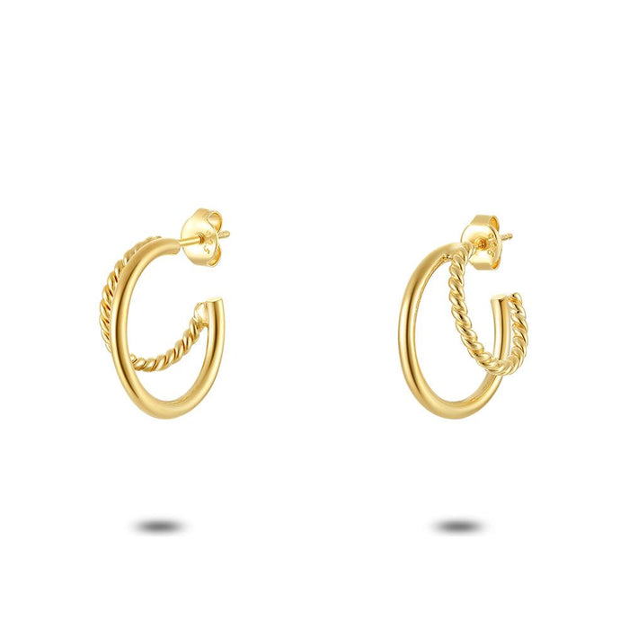 18Ct Gold Plated Silver Earrings, Double Earring, Little Twisted Earring, Solid Big Earring