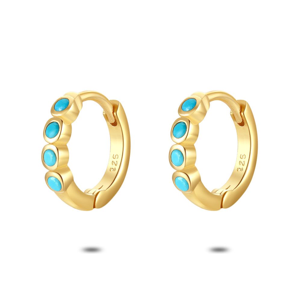 18Ct Gold Plated Silver Earrings, Hoop, 4 Turquoise Zirconia