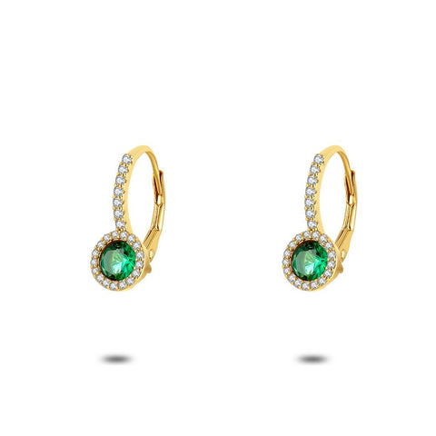 18Ct Gold Plated Silver Earrings, Round Green Zirconia On A Hook