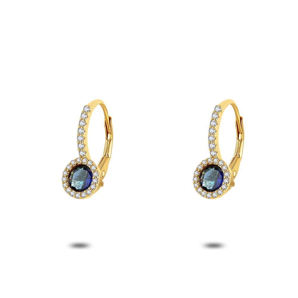 18Ct Gold Plated Silver Earrings, Round Blue Zirconia On A Hook