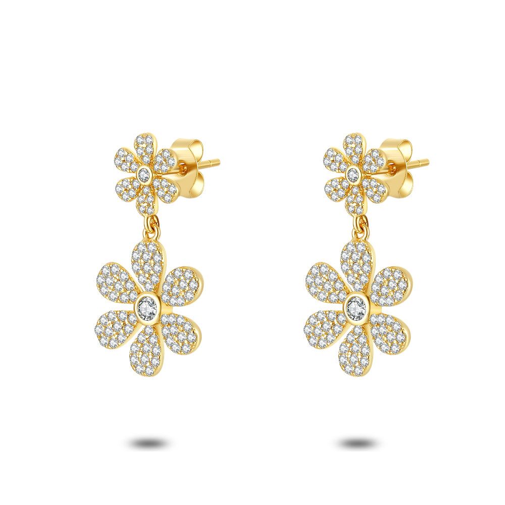 18Ct Gold Plated Silver Earrings, Little And Big Flower, Zirconia