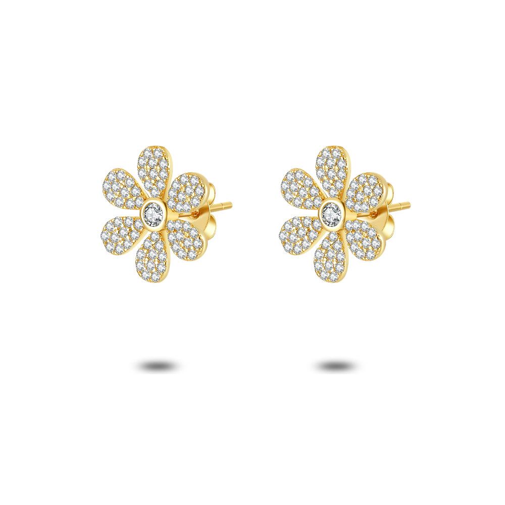 18Ct Gold Plated Silver Earrings, Flower In Zirconia