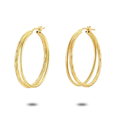 18Ct Gold Plated Earrings, Double Hoops, Plain And Striped