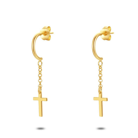 18Ct Gold Plated Earrings, Half Open Hoops With Cross