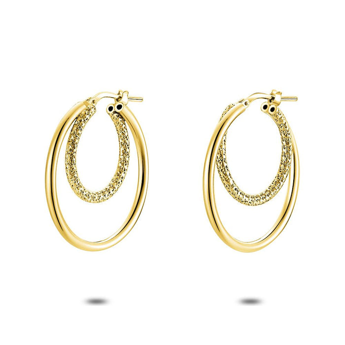 Double 18Ct Gold Plated Earrings, Double Hoops, Plain And Hammered
