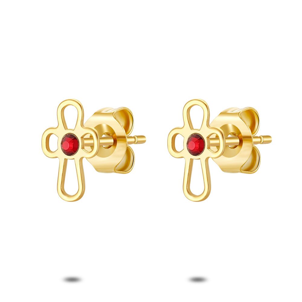 18Ct Gold Plated Silver Earrings, Rounded Cross, 1 Red Crystal