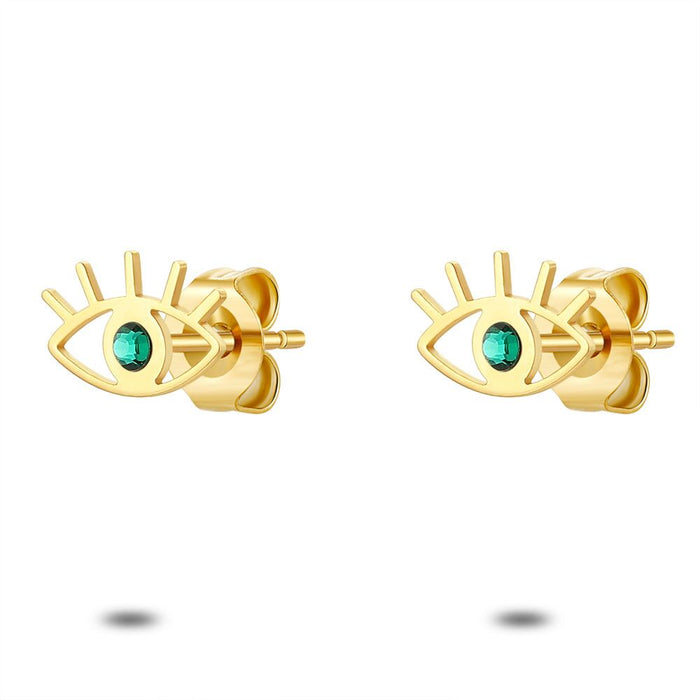 18Ct Gold Plated Silver Earrings, Eye, 1 Green Crystal