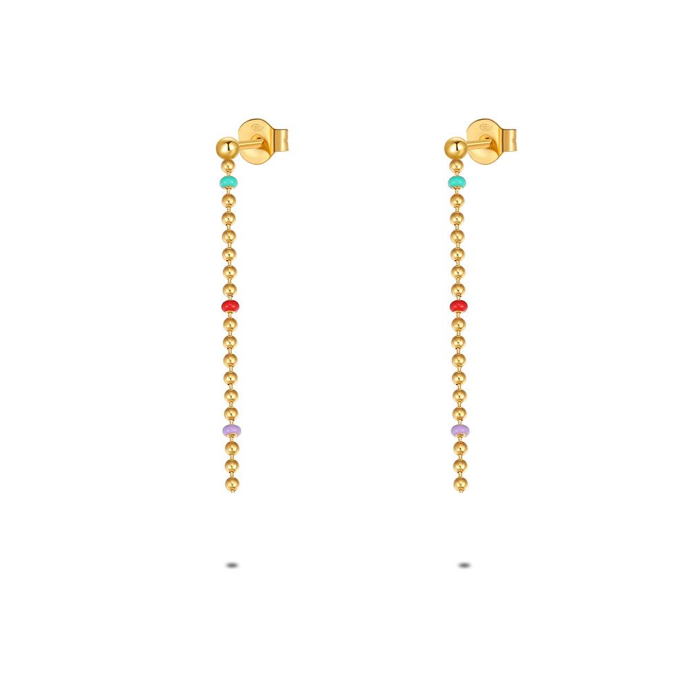 18Ct Gold Plated Silver Earrings, Gold Colored Balls, Multi Colored Emanel
