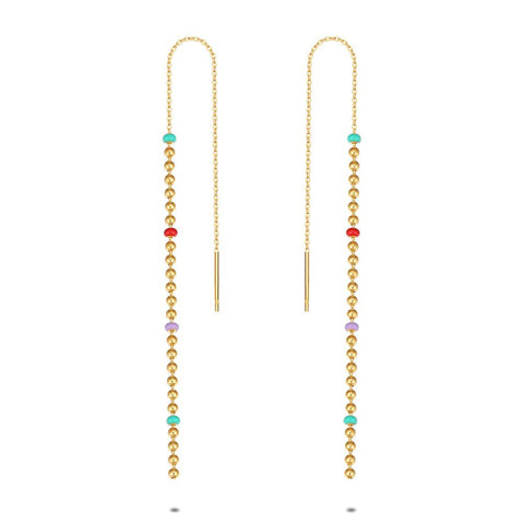 18Ct Gold Plated Silver Earrings, Gold Colored Balls, Multi Colored Enamel