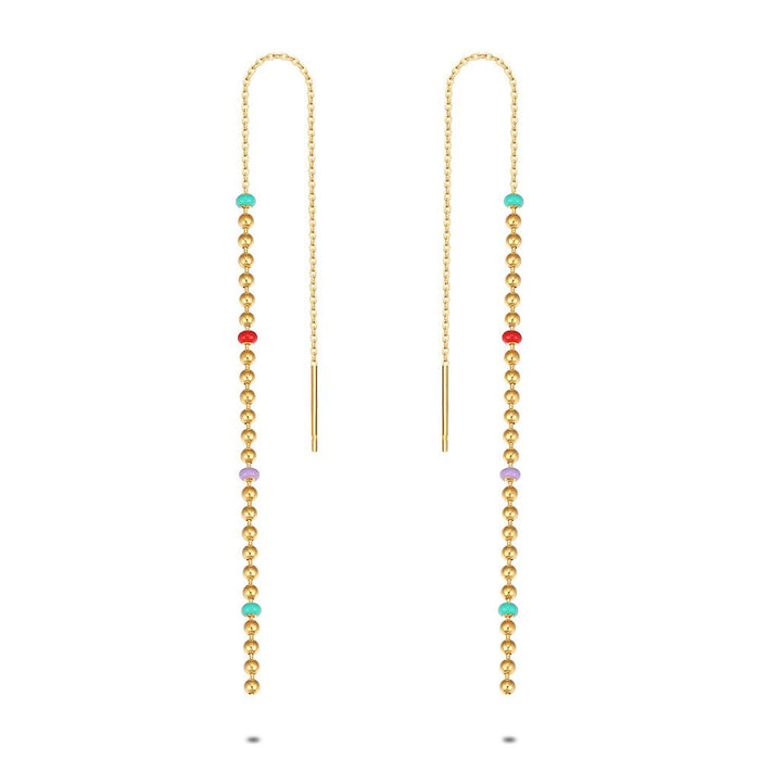 18Ct Gold Plated Silver Earrings, Gold Colored Balls, Multi Colored Enamel
