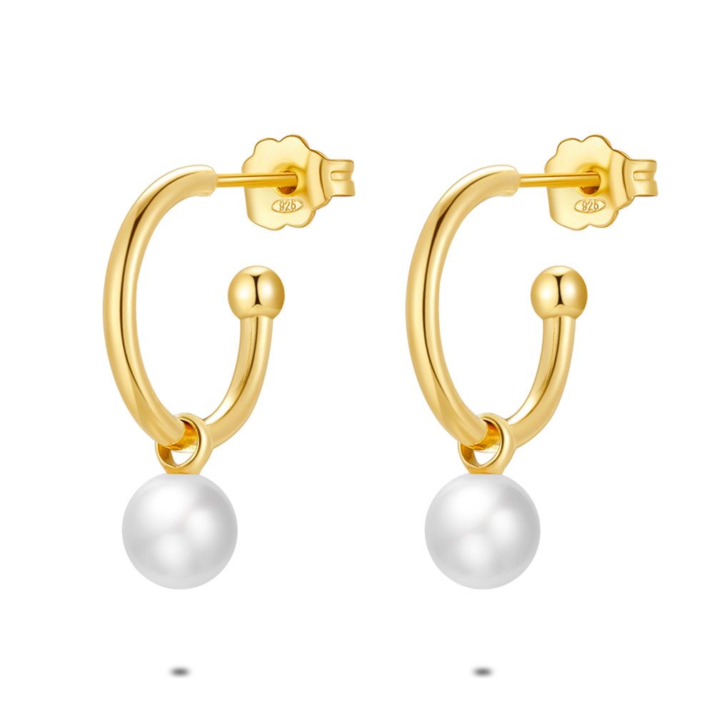18Ct Gold Plated Silver Earrings, Hoop With Pearl