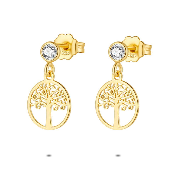 18Ct Gold Plated Silver Earrings, Tree Of Life, 1 Zirconia