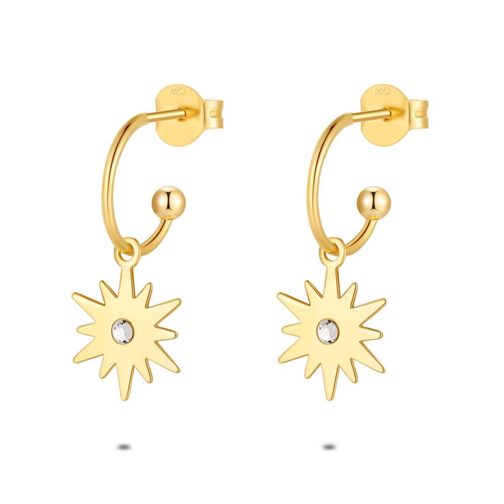 18Ct Gold Plated Silver Earrings, Hoop, Star With Crystal