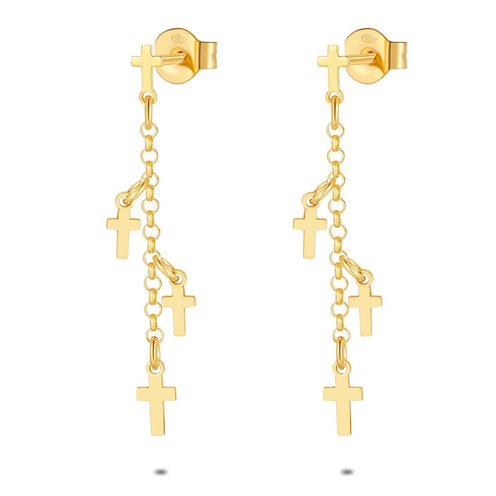 18Ct Gold Plated Silver Earrings, 3 Tiny Crosses