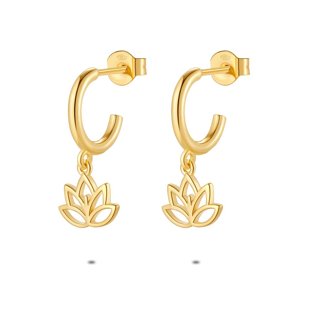 18Ct Gold Plated Silver Earrings, Open Hoop, Lotus Flower