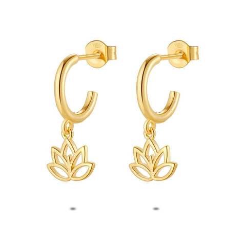 18Ct Gold Plated Silver Earrings, Open Hoop, Lotus Flower