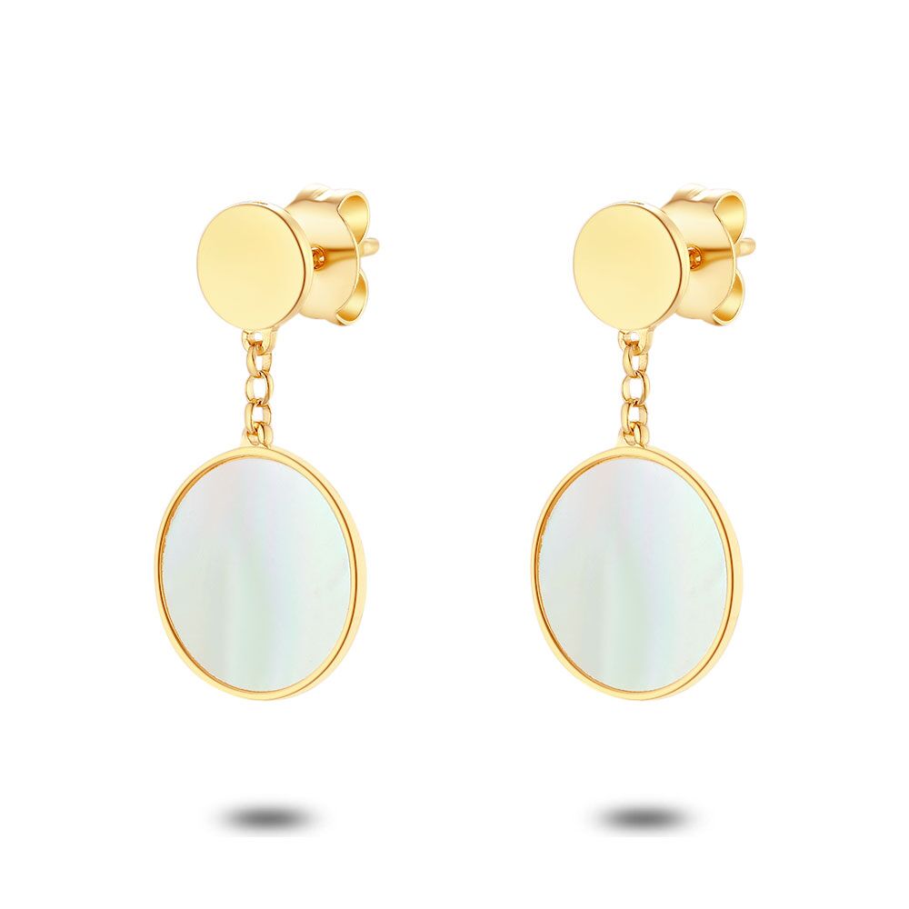 18Ct Gold Plated Silver Earrings, Hanging Disc In Mother-Of-Pearl