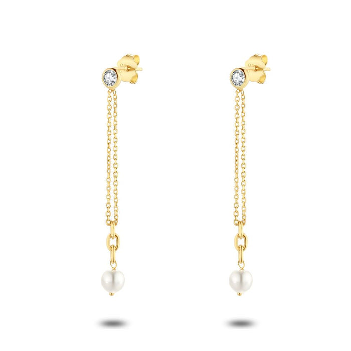 18Ct Gold Plated Silver Earrings, Double Chain, Pearl, Zirconia