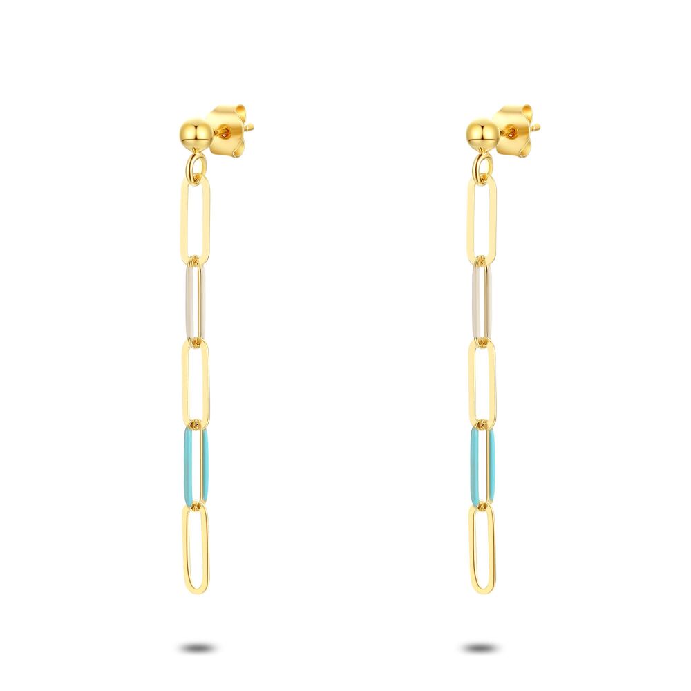18Ct Gold Plated Silver Earrings, Beige And Light Blue Enamel