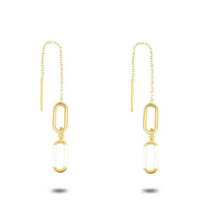 18Ct Gold Plated Silver Earrings, White Enamel, 2 Ovals