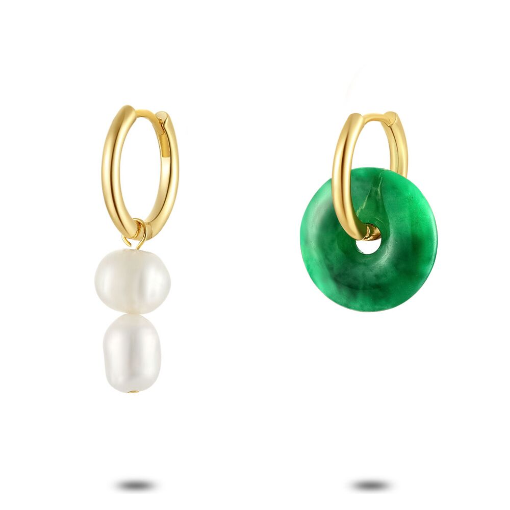 High Fashion Earrings, Hoops, 2 Pearls/1 Rounde Green Stone