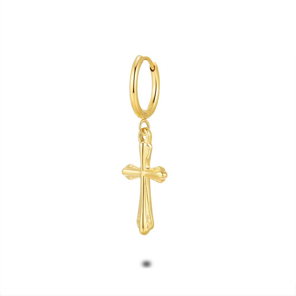 Gold Coloured Stainless Steel Earring, Hoop With Cross