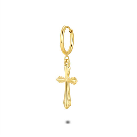 Gold Coloured Stainless Steel Earring, Hoop With Cross