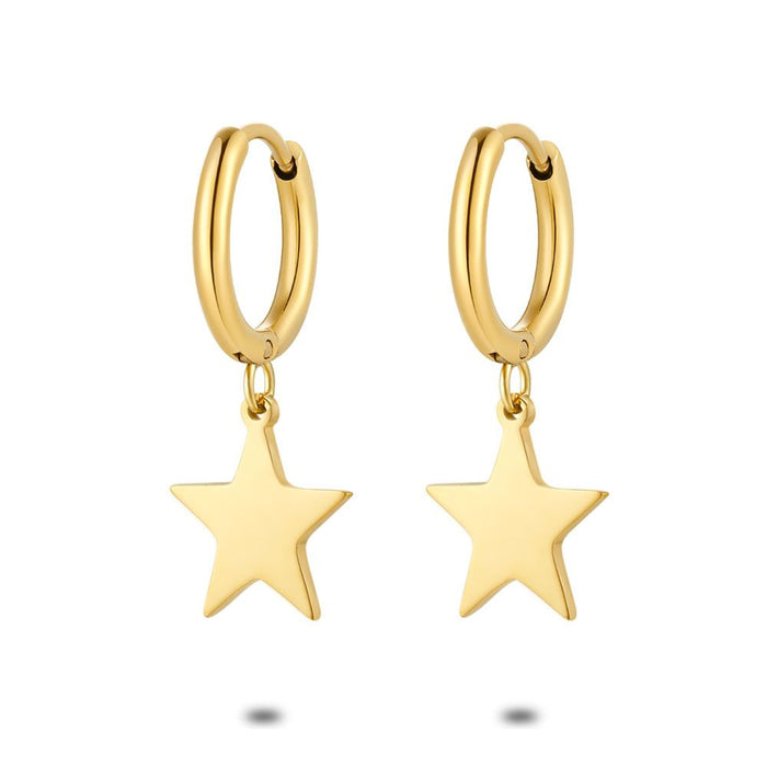 Gold Coloured Stainless Steel Earrings, Hoop, Star