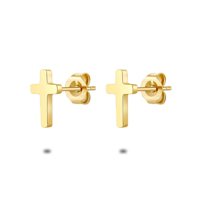 Gold Coloured Stainless Steel Earrings, Cross, 9 Mm