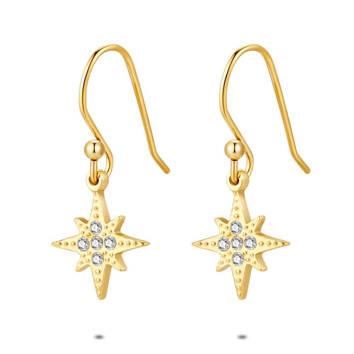 Gold Coloured Stainless Steel Earrings, Star, Crystals