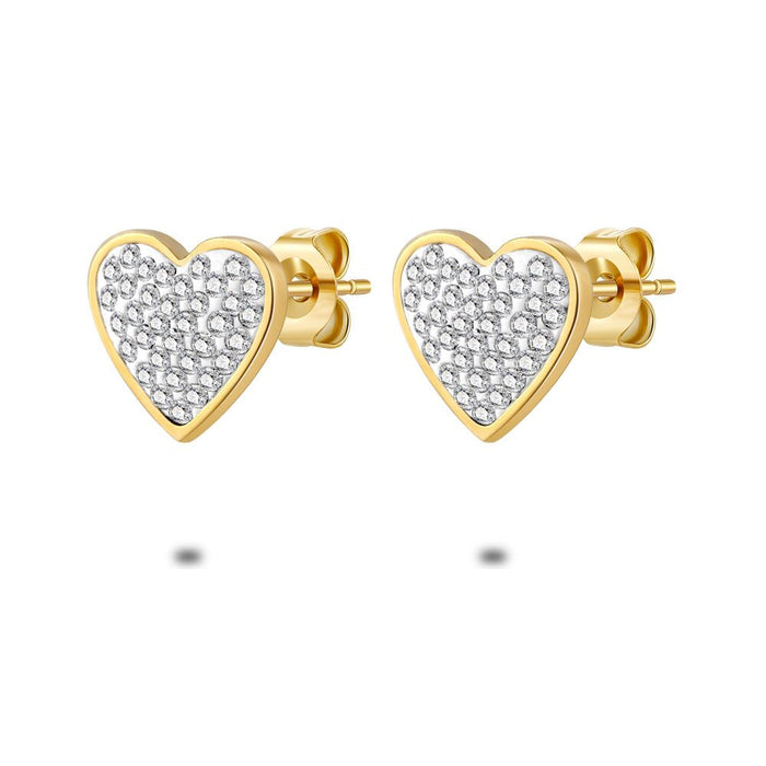 Gold Coloured Stainless Steel Earrings, 1 Cm Heart, Crystals
