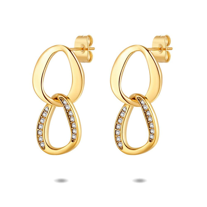 Gold Coloured Stainless Steel Earrings, 2 Ovals, 1 With Crystals