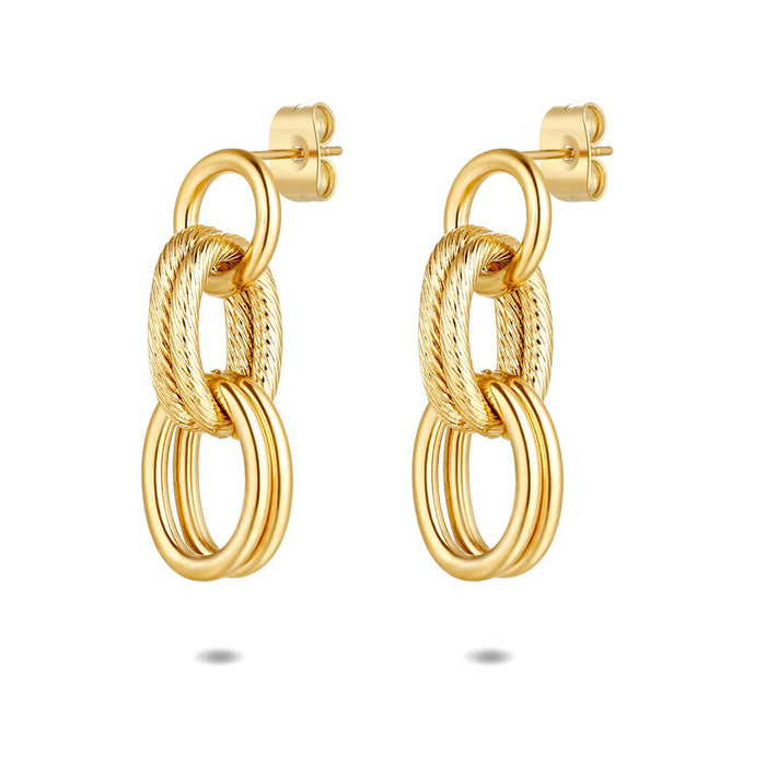 Gold Coloured Stainless Steel Earrings, Circles And Ovals
