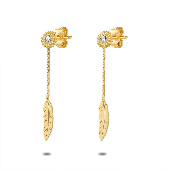 18Ct Gold Plated Silver Earrings, Flower With Zirconia, Feather On Chain