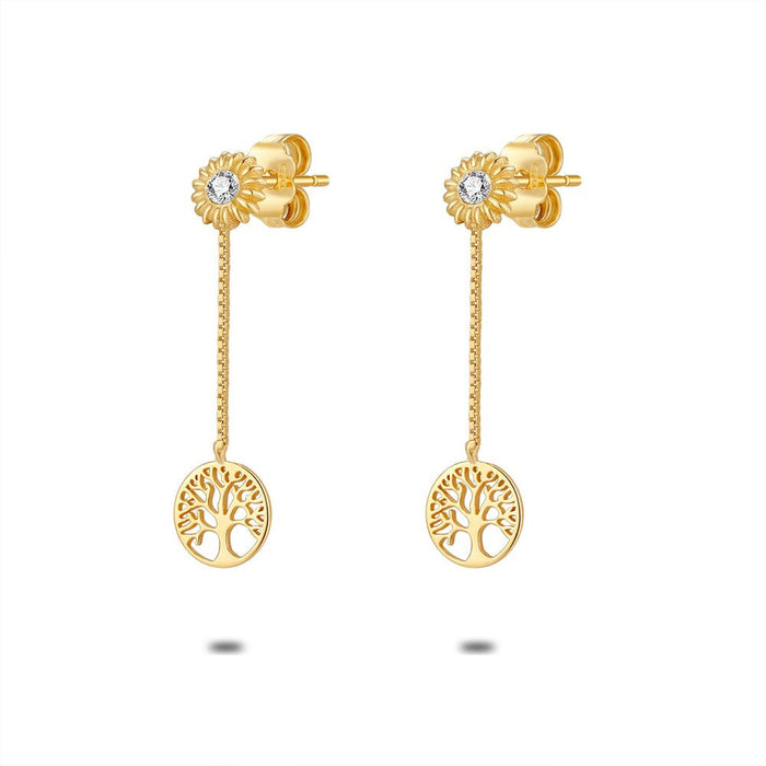 18Ct Gold Plated Silver Earrings, Flower With Zirconia, Tree Of Life On A Chain