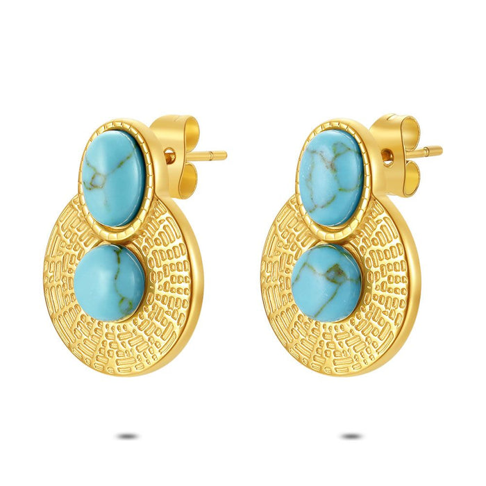 Gold Coloured Stainless Steel Earrings, Oval, Round, Amazonite Stone