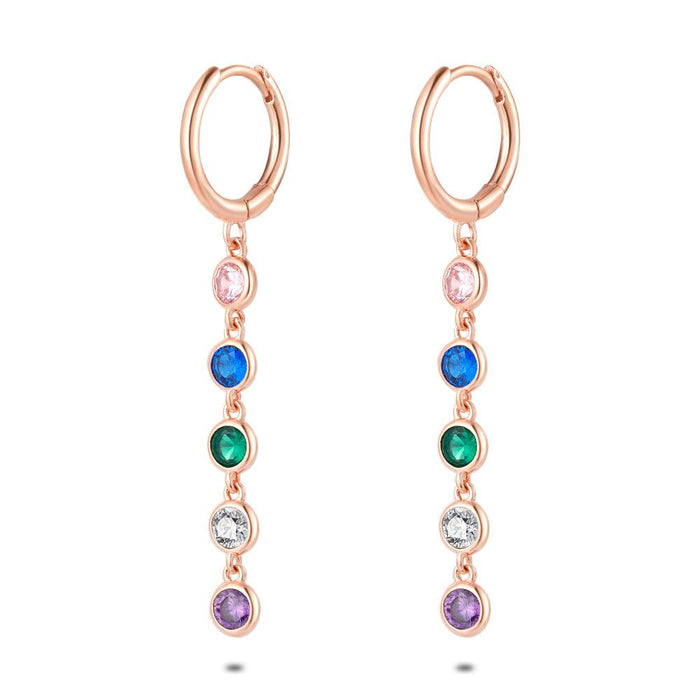 Rosé Silver Earrings, Hoop Earrings, Multi-Colored Zirconia