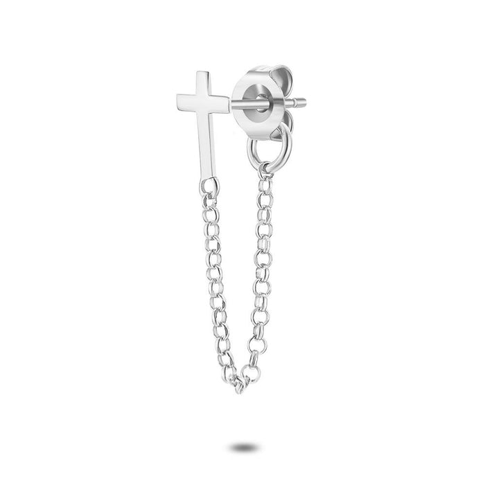 Silver Earring Per Piece, Cross With Forcat Chain