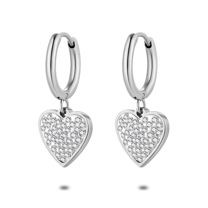 Stainless Steel Earrings, Hoop, Heart, Crystals