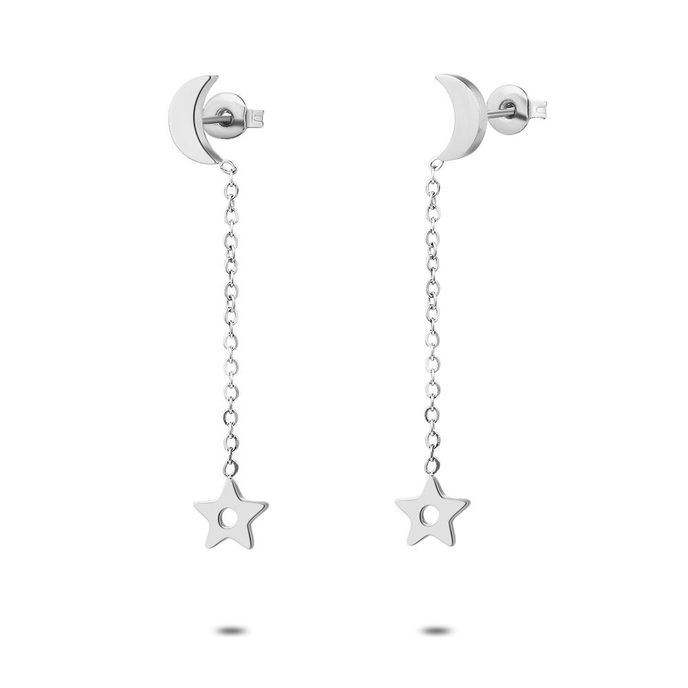Stainless Steel Earrings, Moon With Chain And Star On