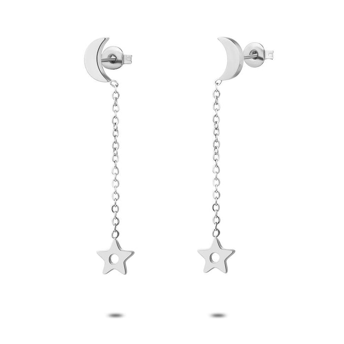 Stainless Steel Earrings, Moon With Chain And Star On