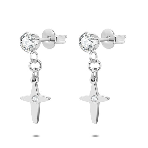 Stainless Steel Earrings, Cross With Crystal