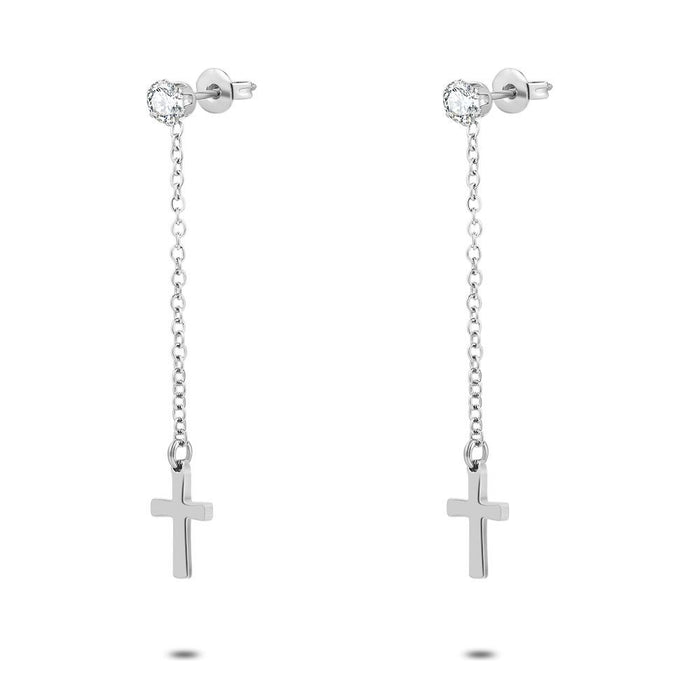 Stainless Steel Earrings, 1 Zirconia With Chain