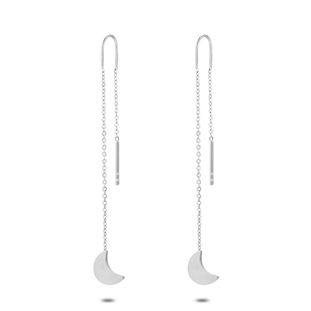 Stainless Steel Earrings, Moon And Chain