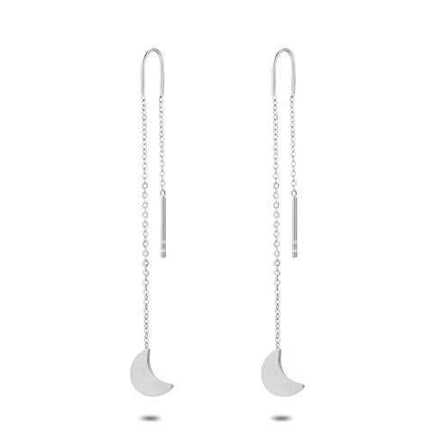 Stainless Steel Earrings, Moon And Chain