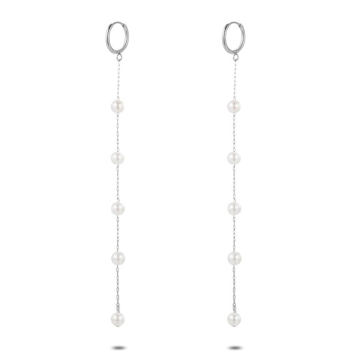 Stainless Steel Earrings, 5 Pearls On Chain