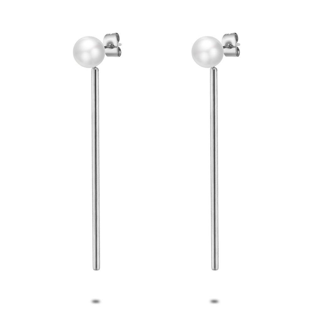 Stainless Steel Earrings, Bar And Pearl